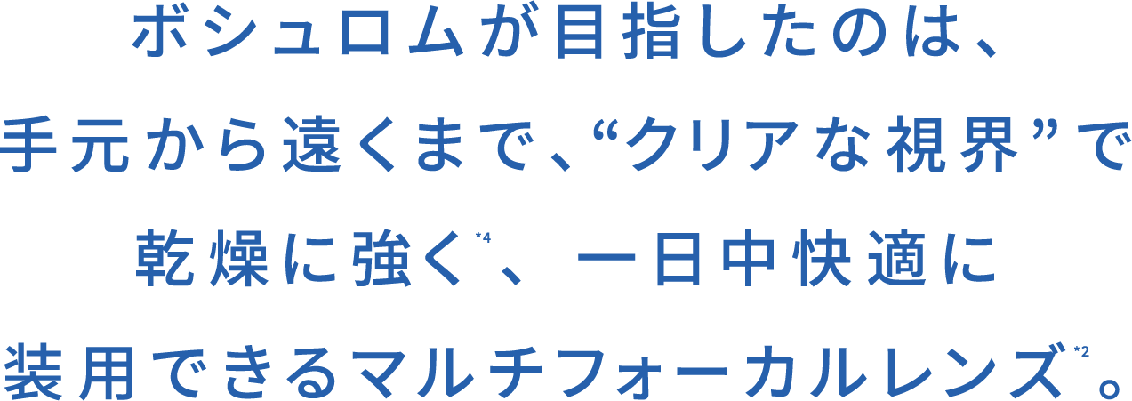 ボシュロムが目指したのは、手元から遠くまで、“クリアな視界”で乾燥に強く*4、一日中快適に装用できるマルチフォーカルレンズ*2